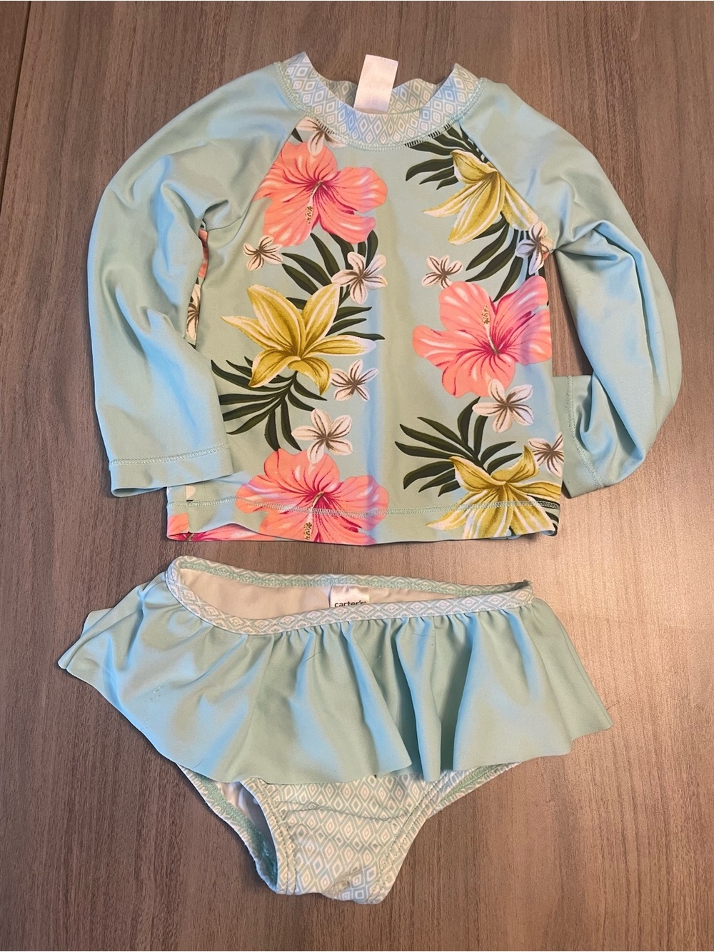 Carter's Girls 18M Floral Long Sleeve Rash Guard Swimsuit Set Mint Blue